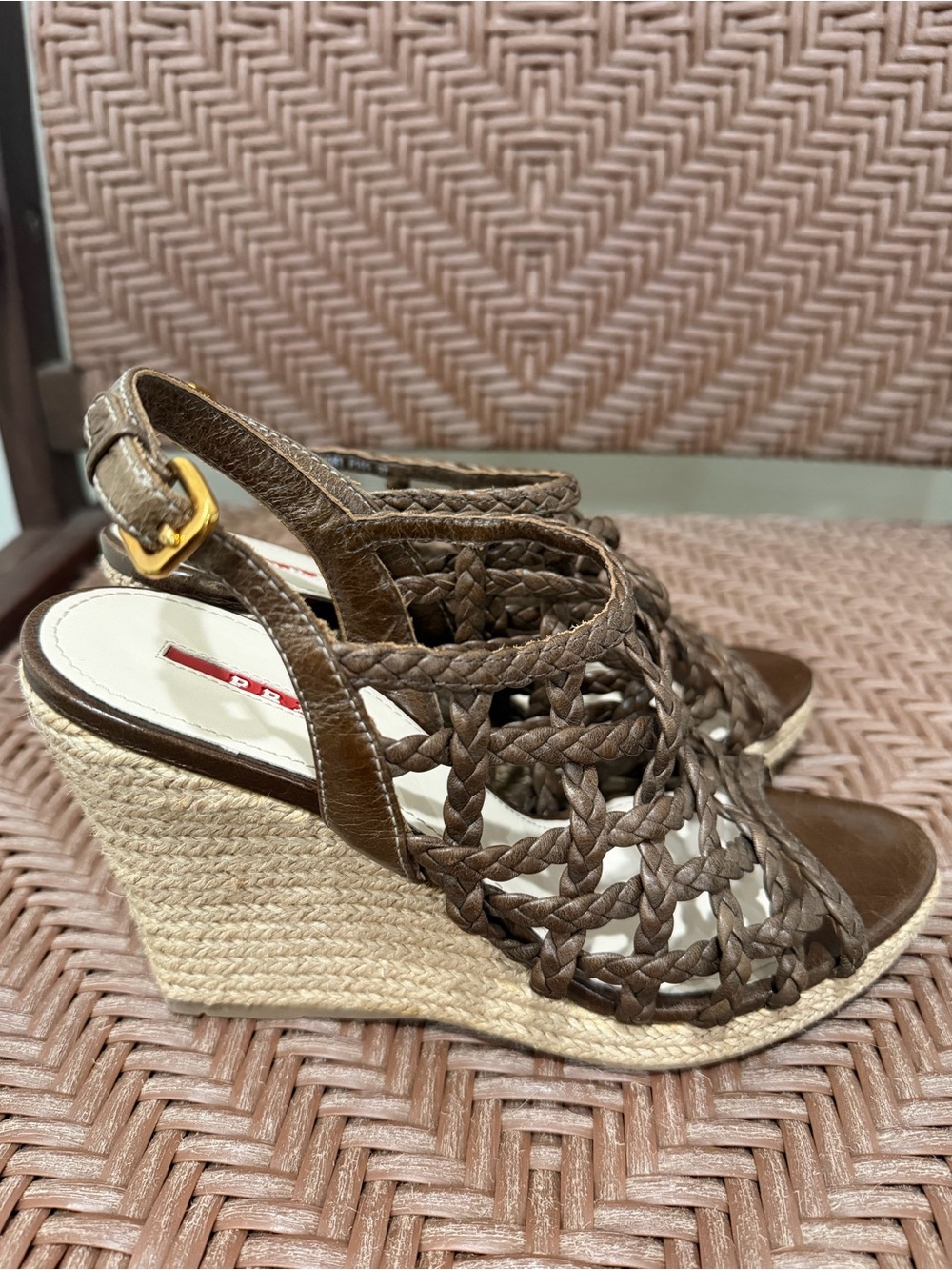 New Prada Brown Braided Espadrille Wedge Sandals
